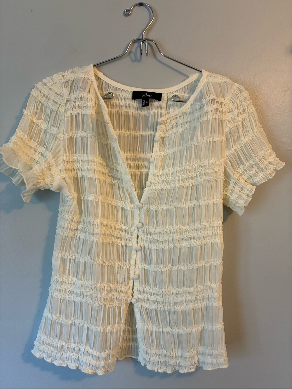 Lulu's Cream Ruffled Button-Front Short Sleeve Blouse